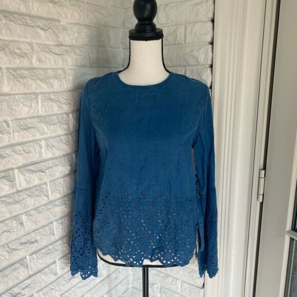 Blue Patterned Bell-Sleeve Top - Picture 1 of 8